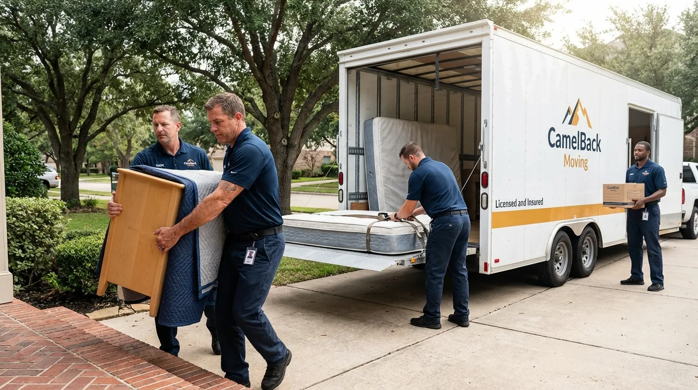 Crew loading residential truck for cross-state move from Jonesville, LA