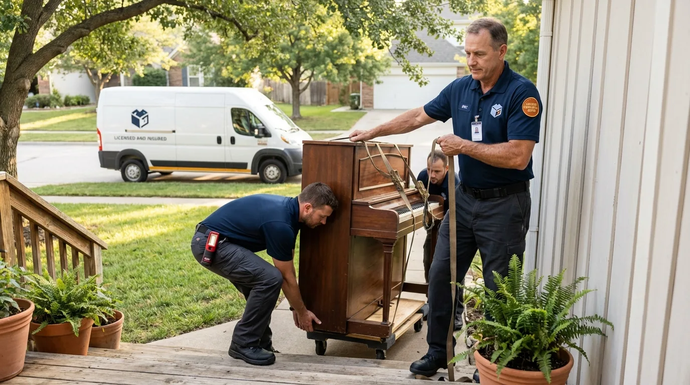 Licensed piano movers securing grand piano in Jonesville, LA