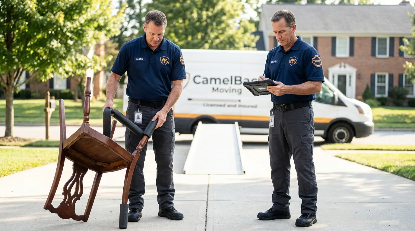 Movers inspecting furniture for damage prevention before loading in Jonesville, LA