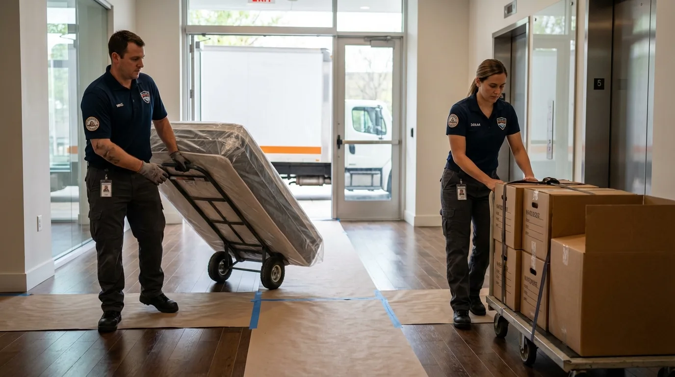Professional apartment movers loading elevator in Jonesville, LA
