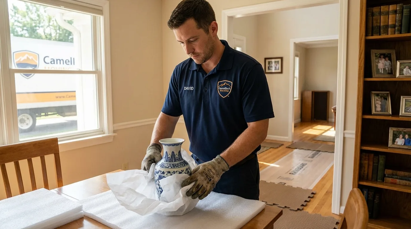 Professional crew carefully wrapping antique vase for senior downsizing move in Jonesville, LA